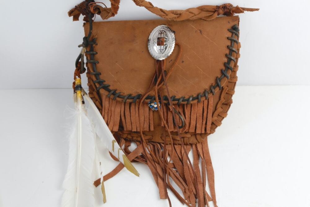 Handcrafted Vintage Native American Suede Fringe Crossbody Bag Concho Feathers